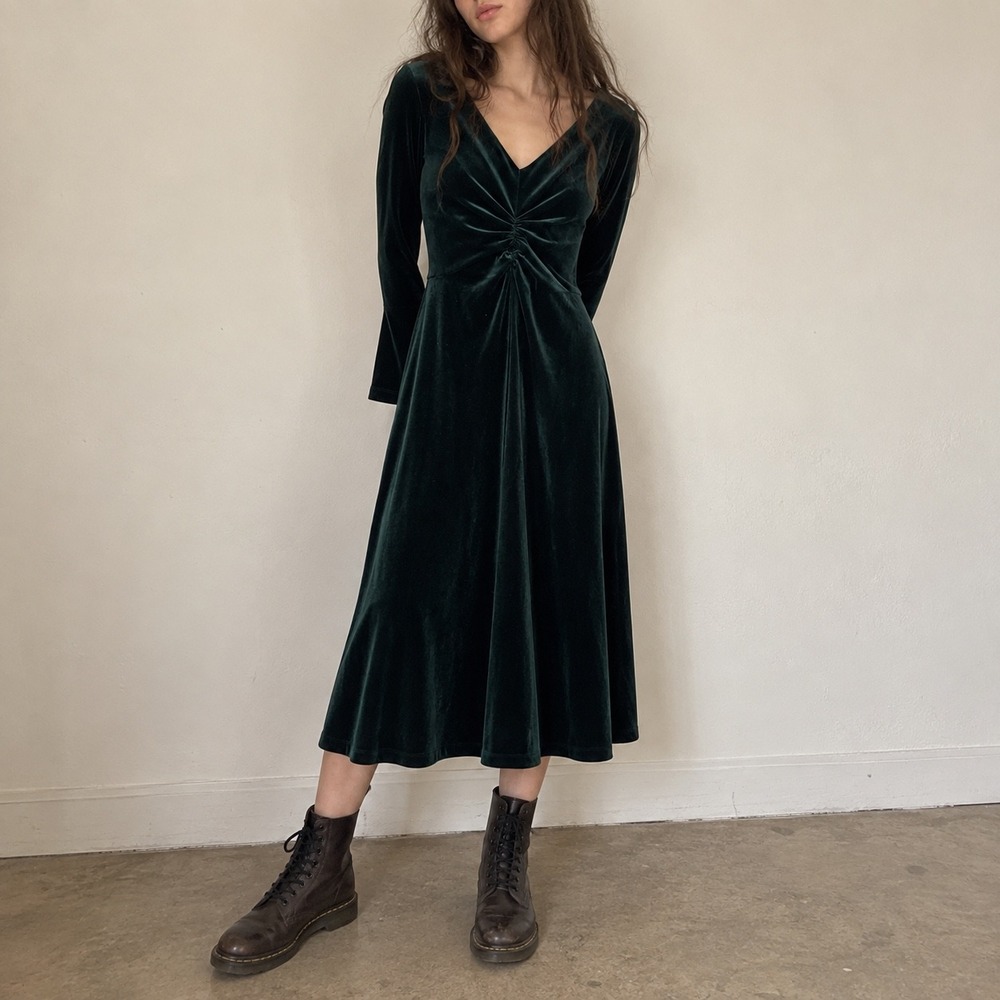 Eliza J Green Dark Velvet Dress Ruched Front Size 2 Fairy Grunge Goth Holiday